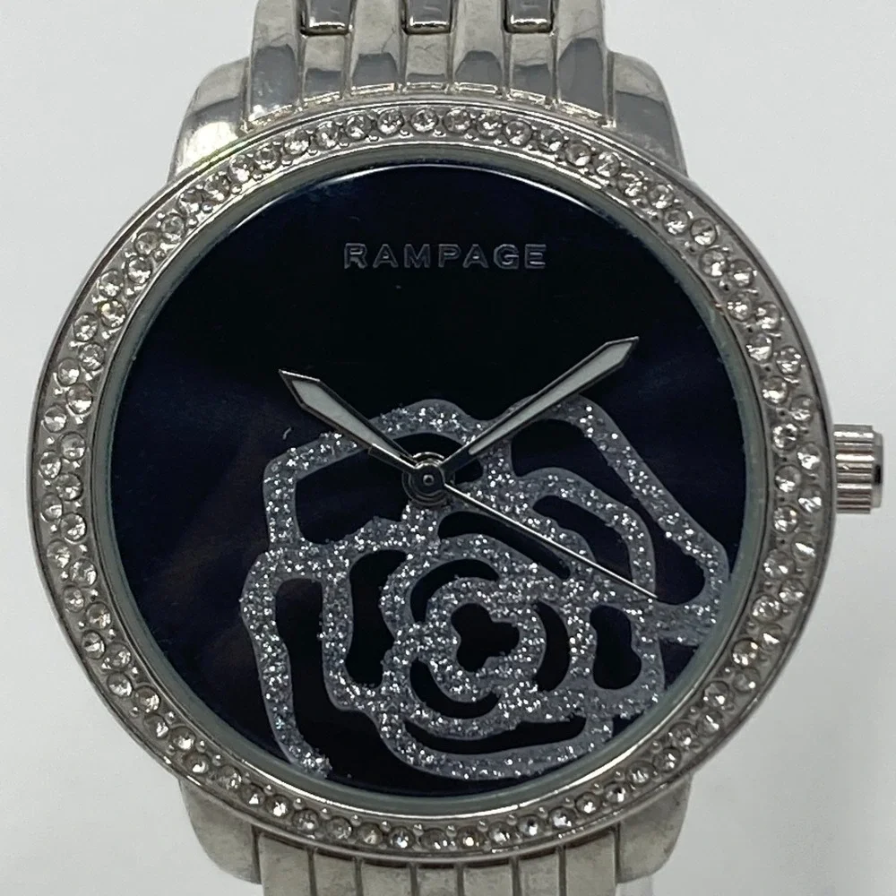 Rampage Womens Watch 36mm Floral Crystals Silver Tone Black Bling New Battery 8